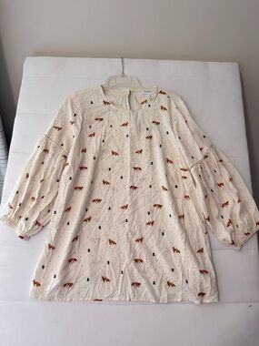 Motherhood Maternity Ivory Brown Fox Print Balloon Sleeve Round Neck Blouse M